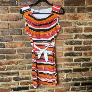 Sandro Ferrone Red Orange Striped Sleeveless Pleated Sheath Dress Size 42/6